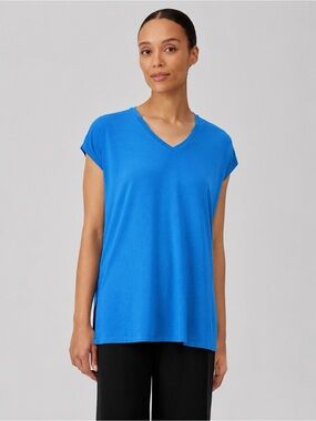 EILEEN FISHER NWT M Fine Jersey V-Neck Square Top in Calypso Blue Boxy Tee